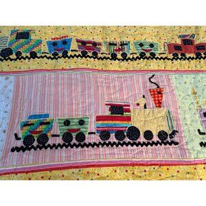 Vtg Cozy 40x40 Handmade Quilt Blanket Toddler Child Baby Train Yellow Red Blue